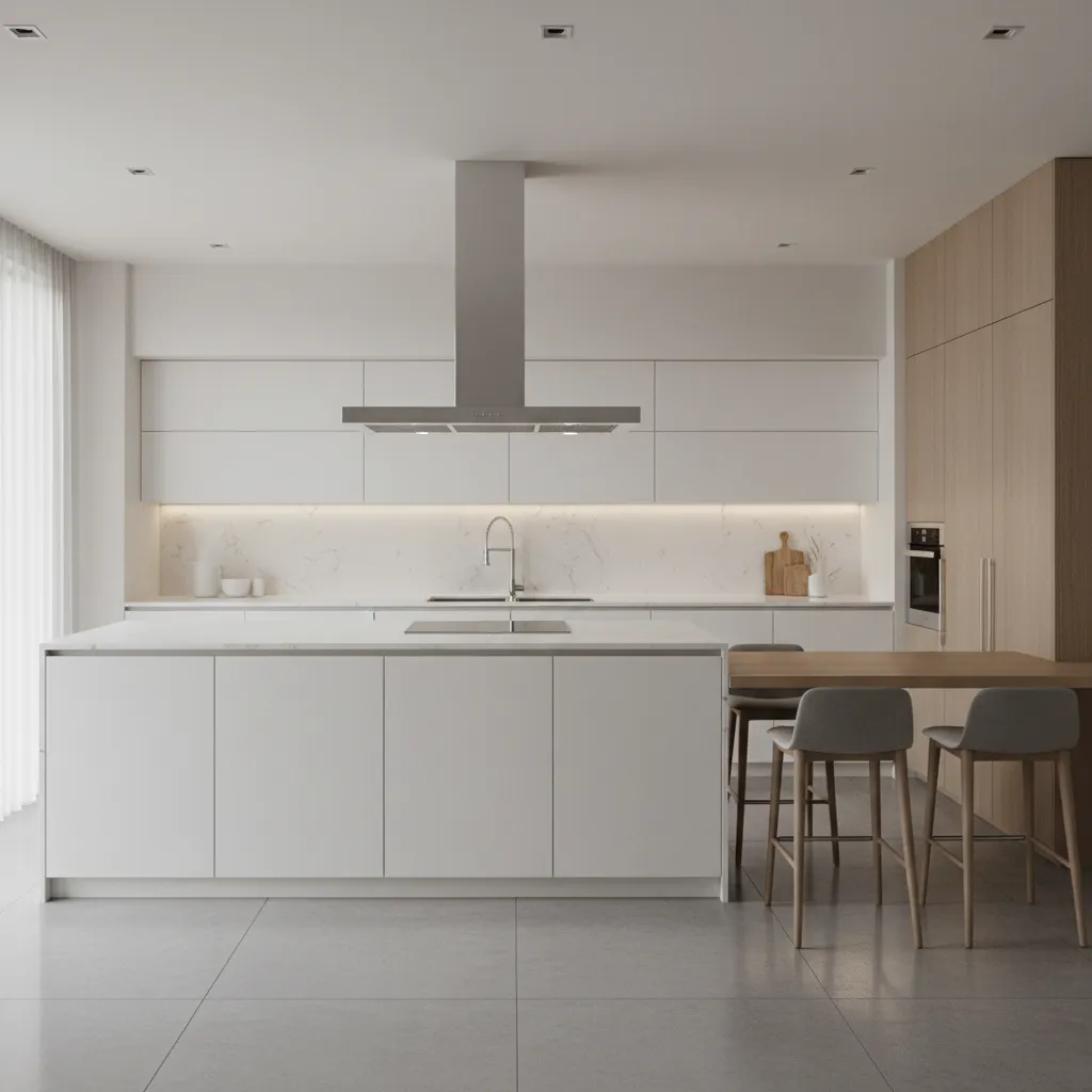 modern kitchen interior with a stainless steel double sink on a quartz countertop