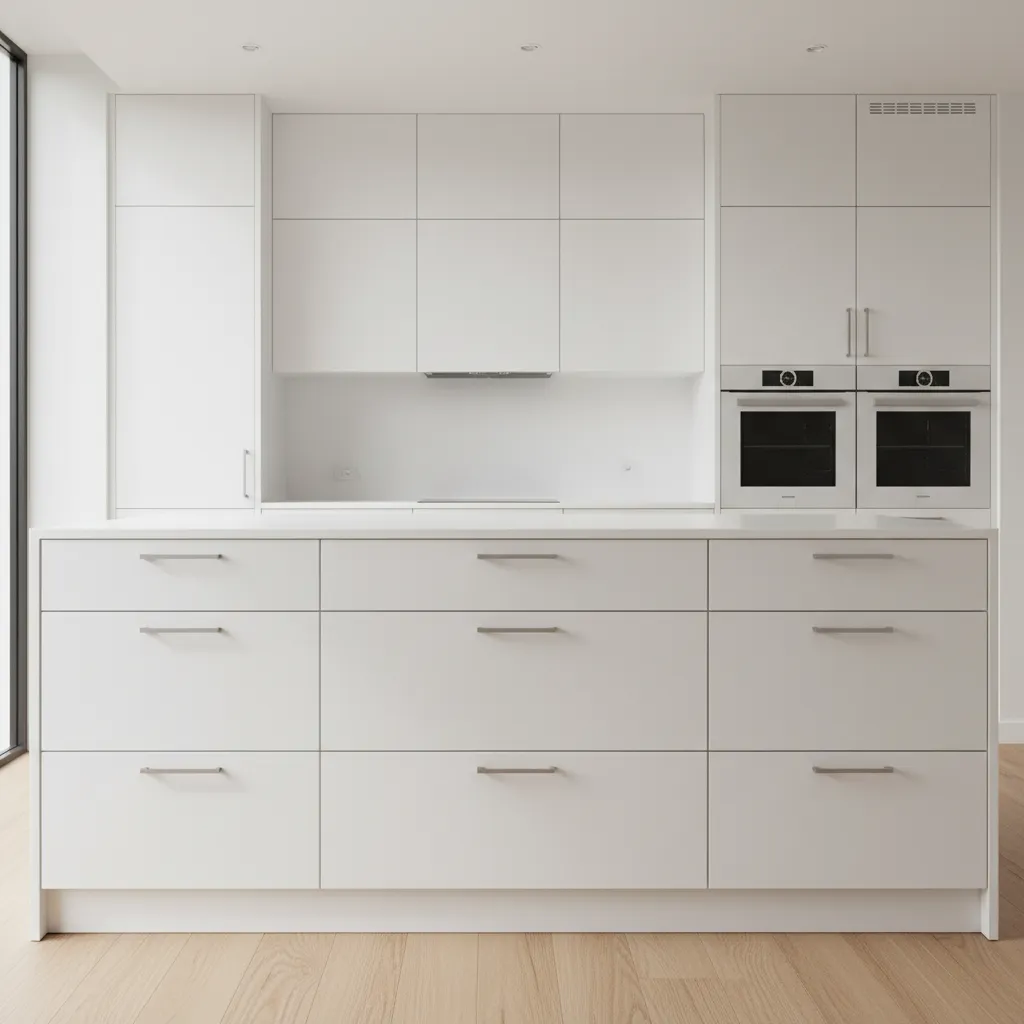 Modern kitchen drawers with centered horizontal cabinet pulls