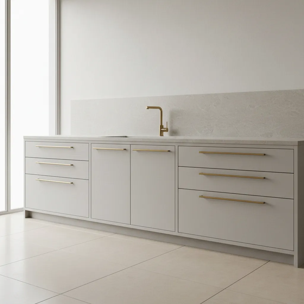 modern kitchen drawers with long cabinet pulls demonstrating proper proportions
