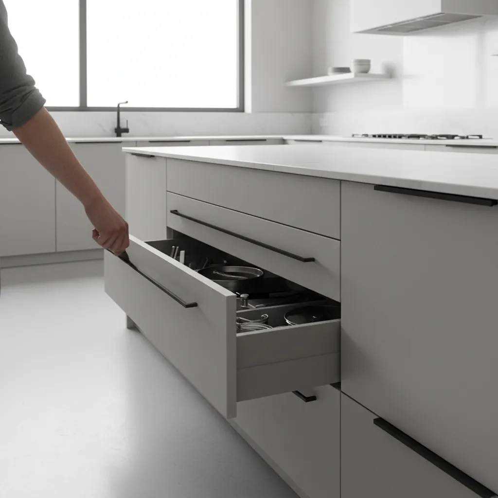 Large kitchen drawers with long modern handles demonstrating ergonomic grip