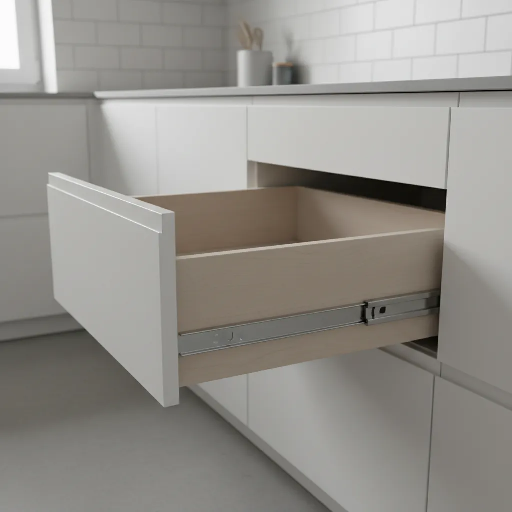 Modern kitchen drawer fully open showing slide rails and cabinet interior