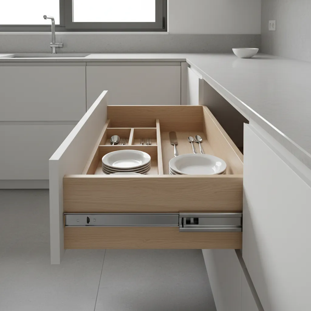 Open kitchen drawer showing metal slide rails and cabinet interior