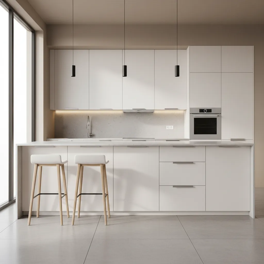 Modern kitchen with flat panel cabinets using edge pull hardware