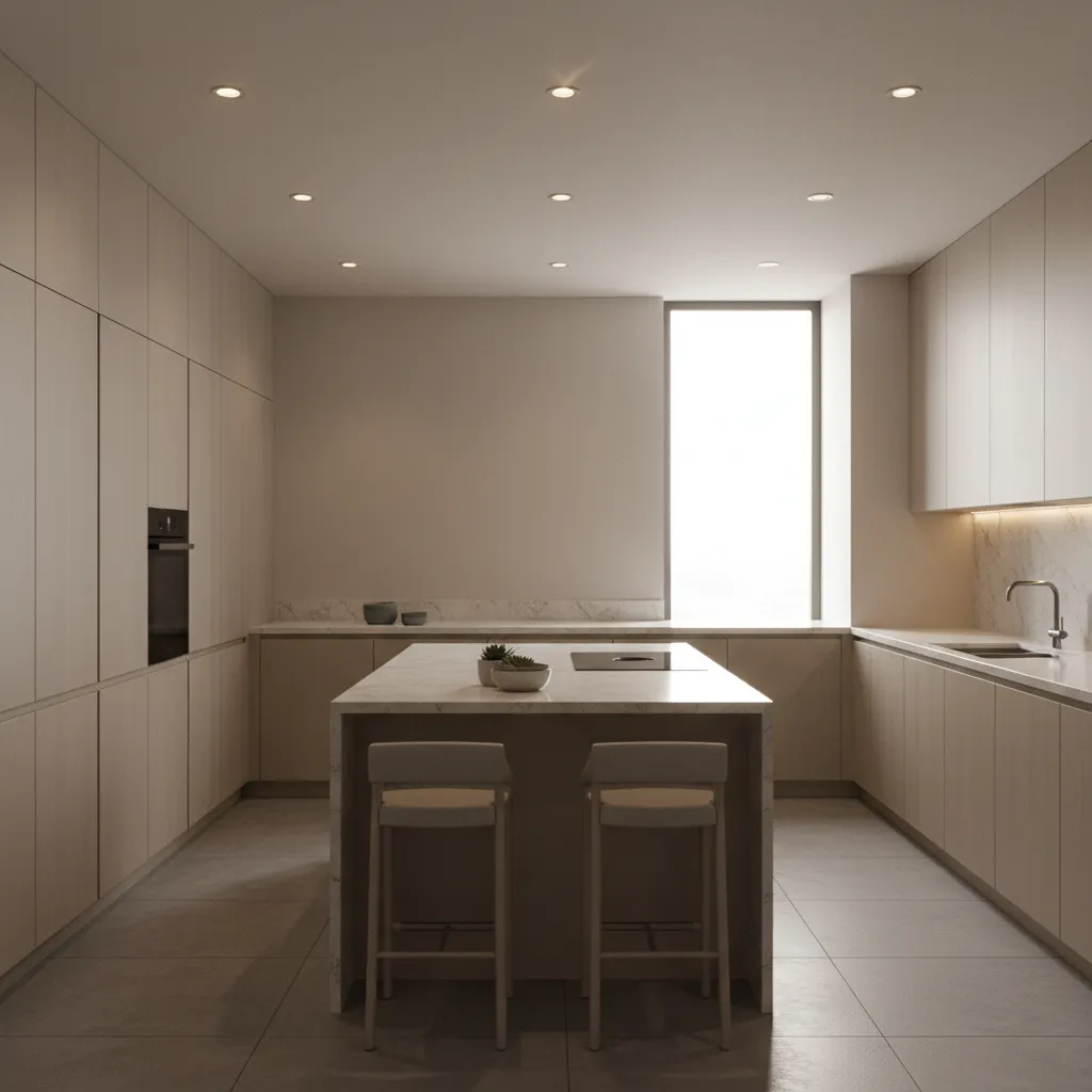 modern kitchen with evenly distributed LED ceiling lighting