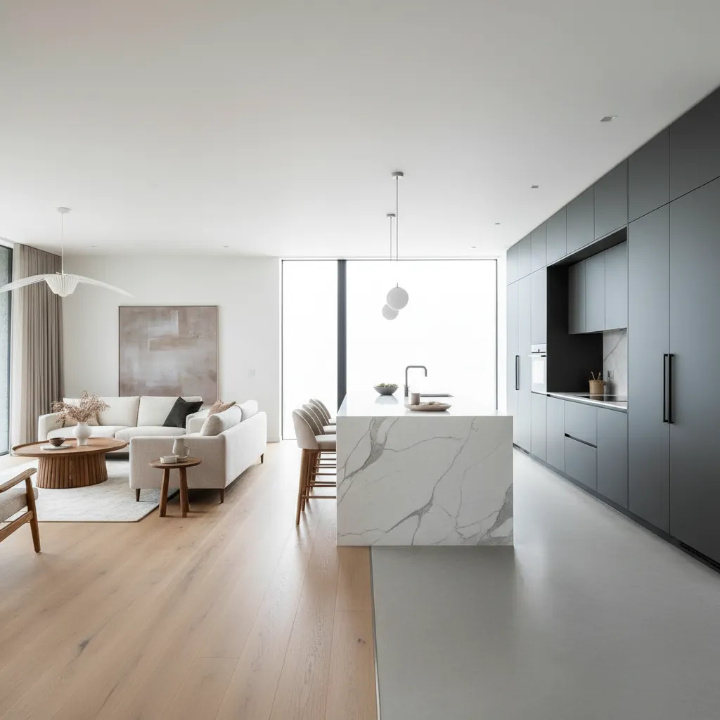 Open plan living space with wood flooring transitioning into grey kitchen tile floor and island