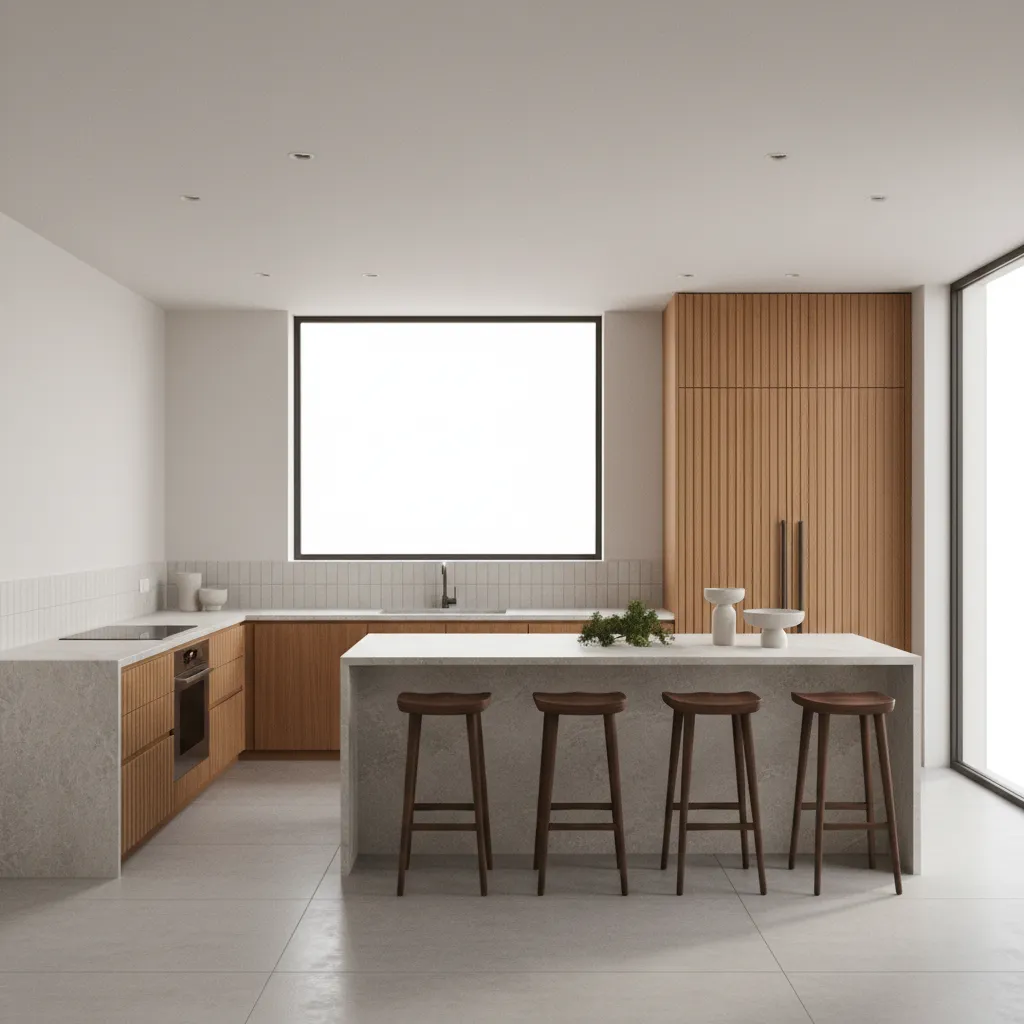 Modern kitchen layout showing fluted cabinets placed away from cooktop