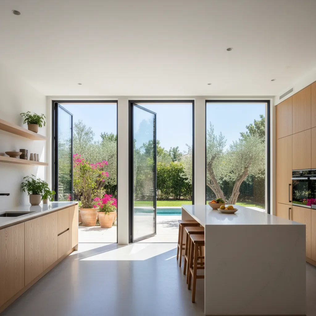 Cocina moderna abierta conectada con jardín exterior