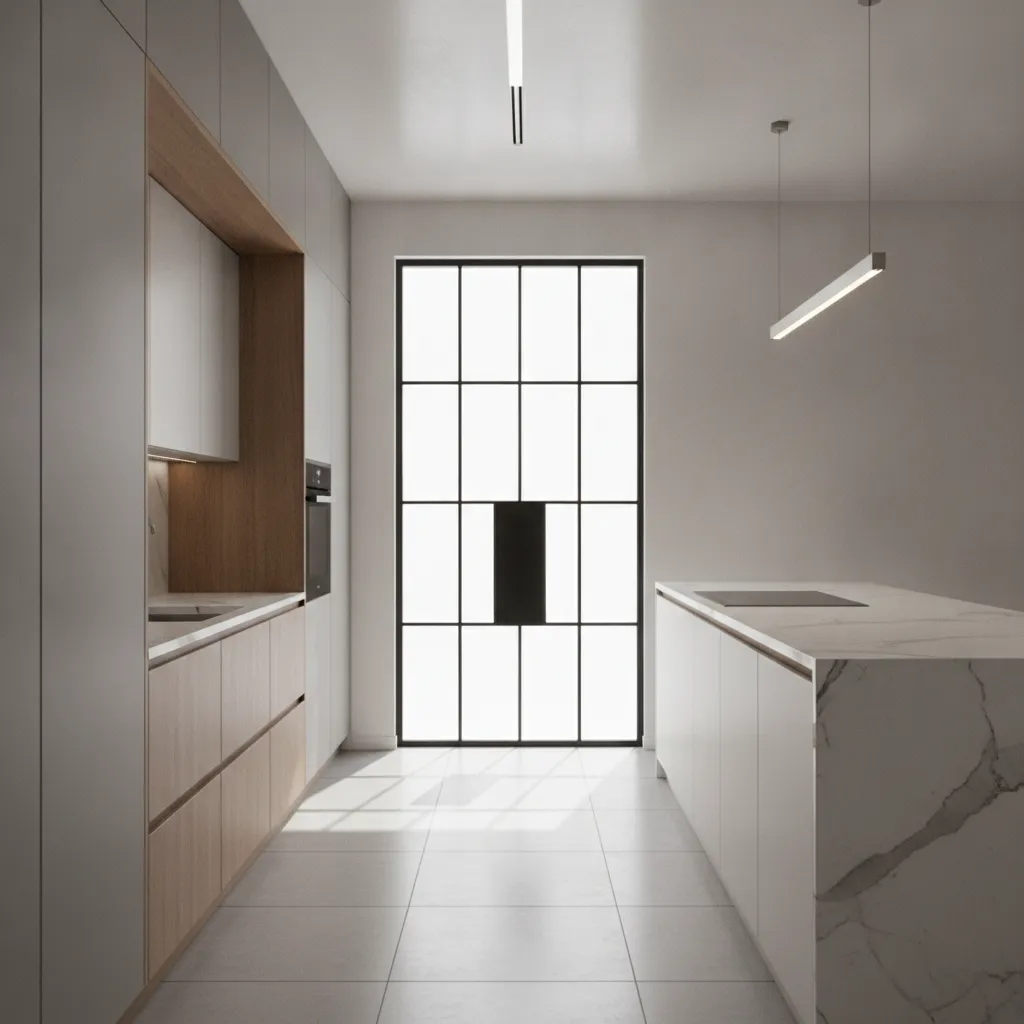 Modern kitchen with glass door allowing natural light between rooms