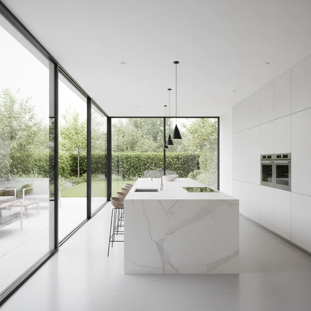 Contemporary kitchen with large sliding glass exterior door and garden view