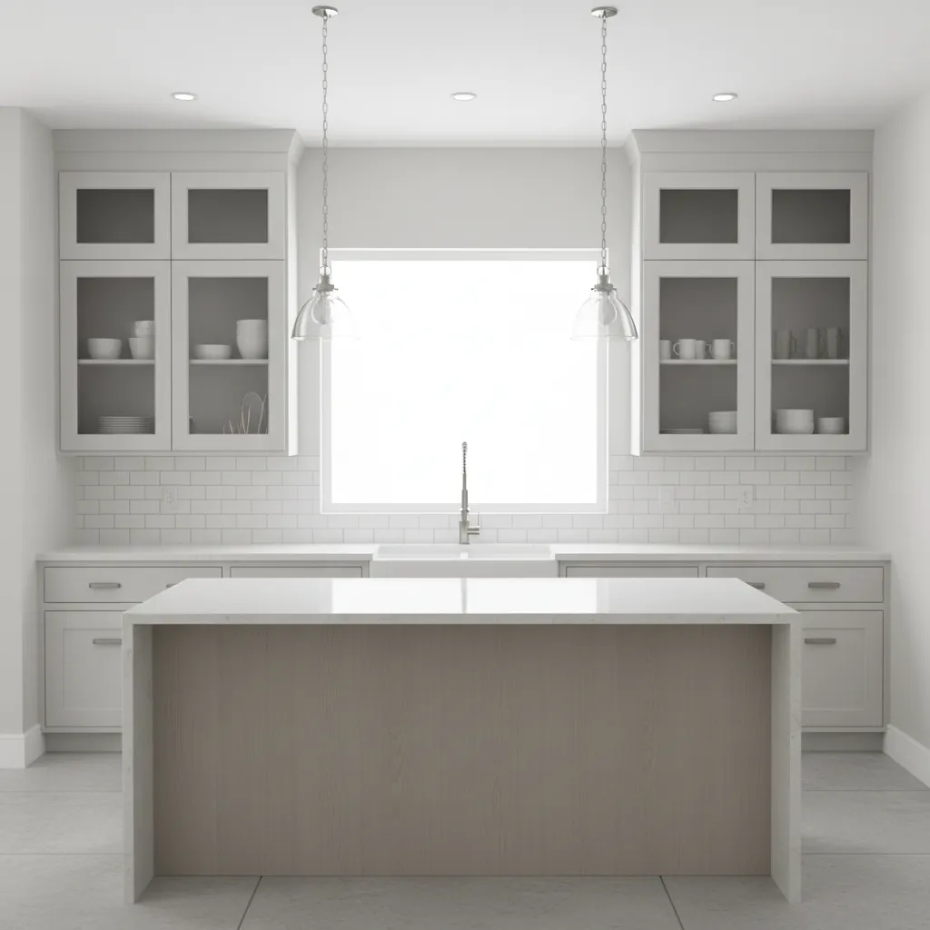 Bright kitchen with wall mounted glass cabinets displaying dishware