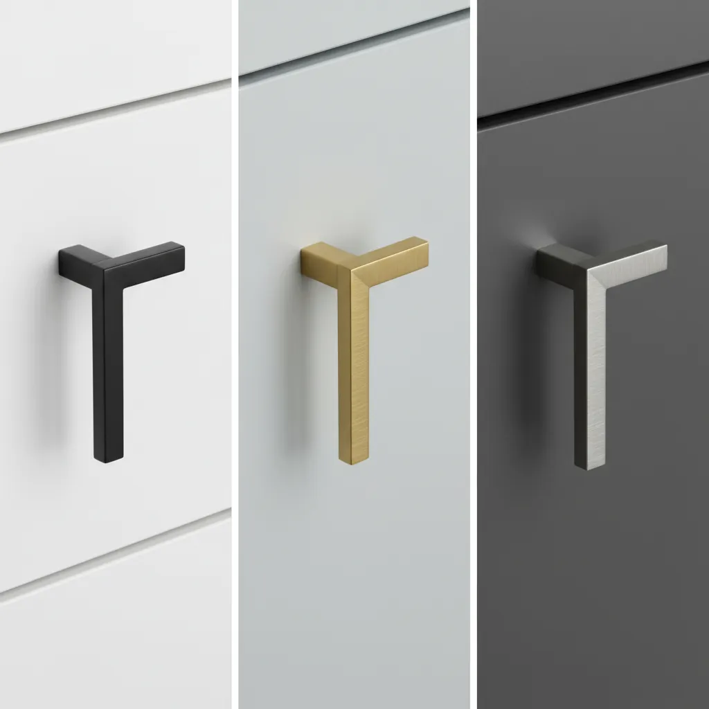 Close view of matte black brushed brass and stainless steel cabinet handles