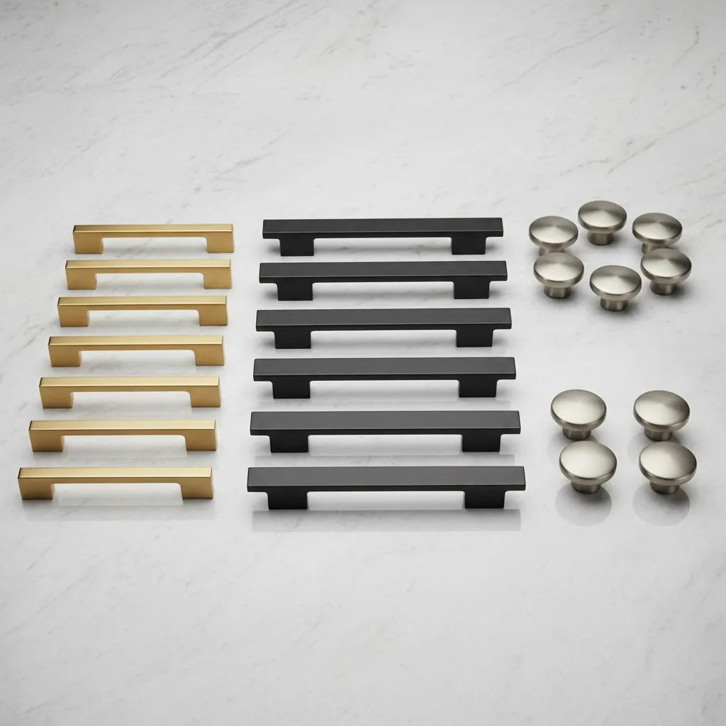 Collection of modern kitchen cabinet hardware finishes including brass and matte black