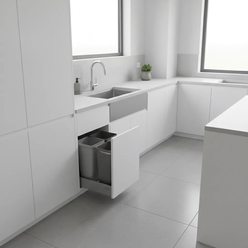 Modern kitchen with concealed pull out trash cabinet near preparation area