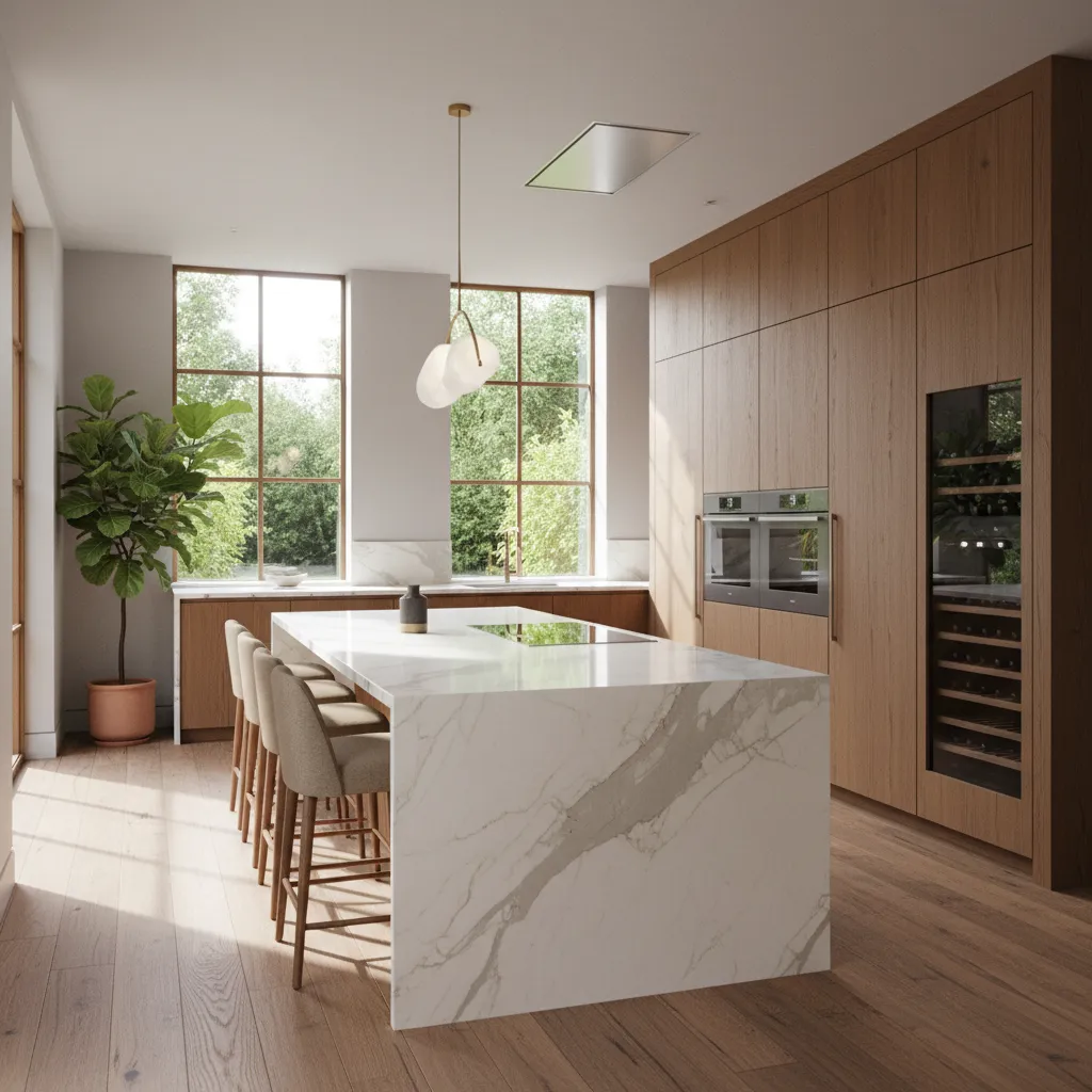 Cocina moderna de casa de diseño con isla central y materiales naturales