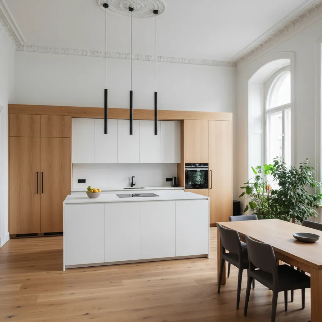 Cocina moderna integrada en piso antiguo renovado