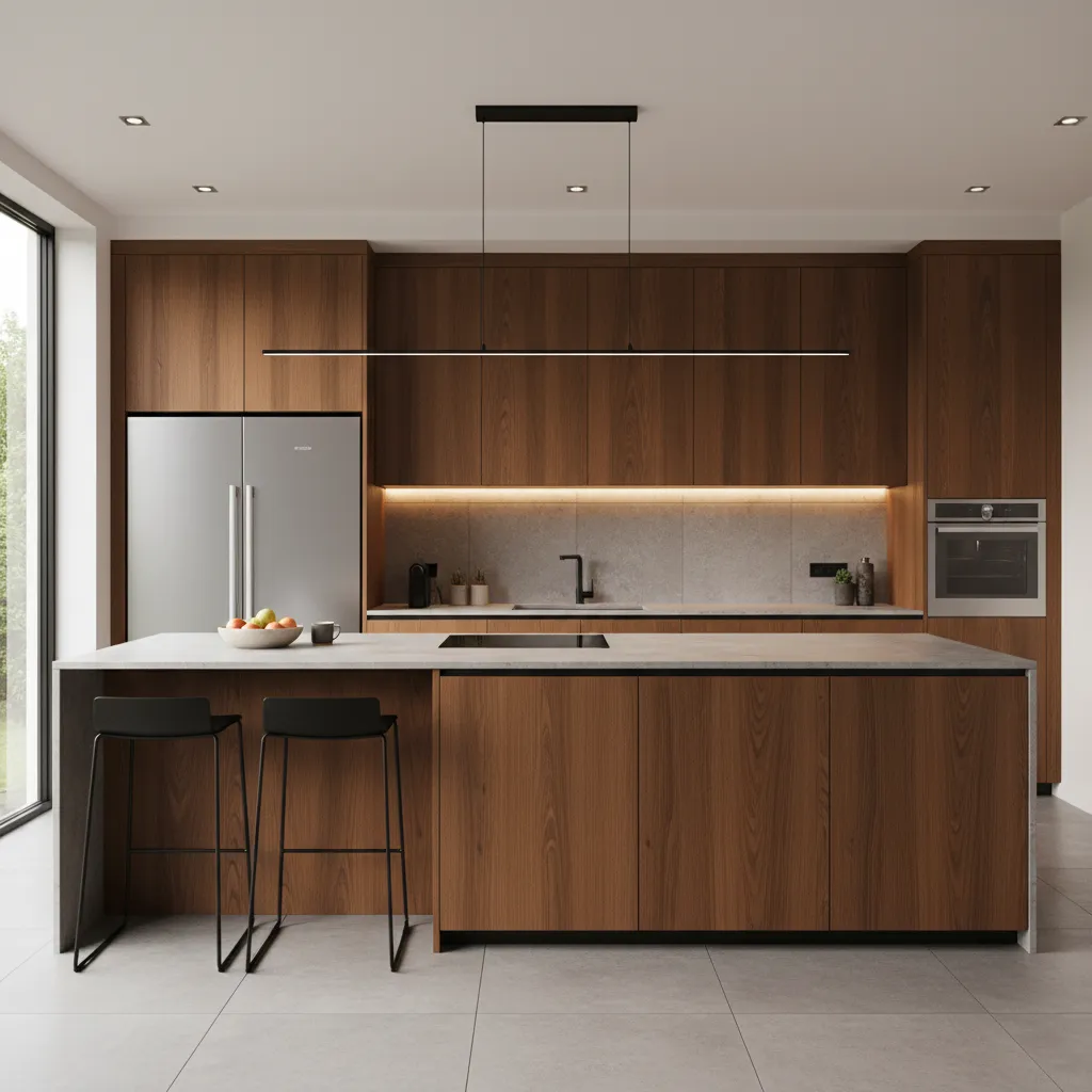 Cocina moderna con isla central, acabados en madera y líneas limpias