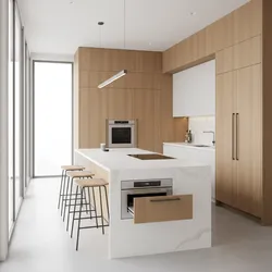 Modern kitchen with light wood cabinets white island wood stools ceiling light and open drawer