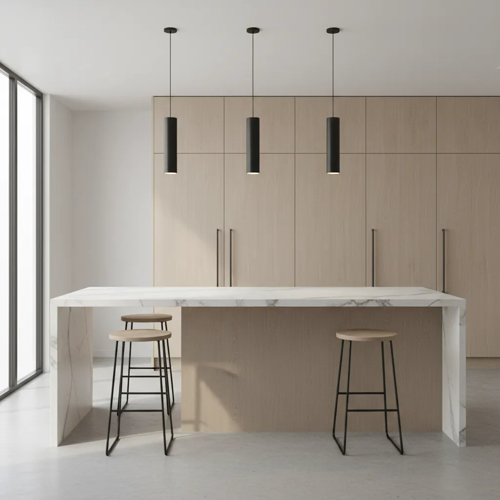 Modern kitchen island with black pendant lights hanging above countertop