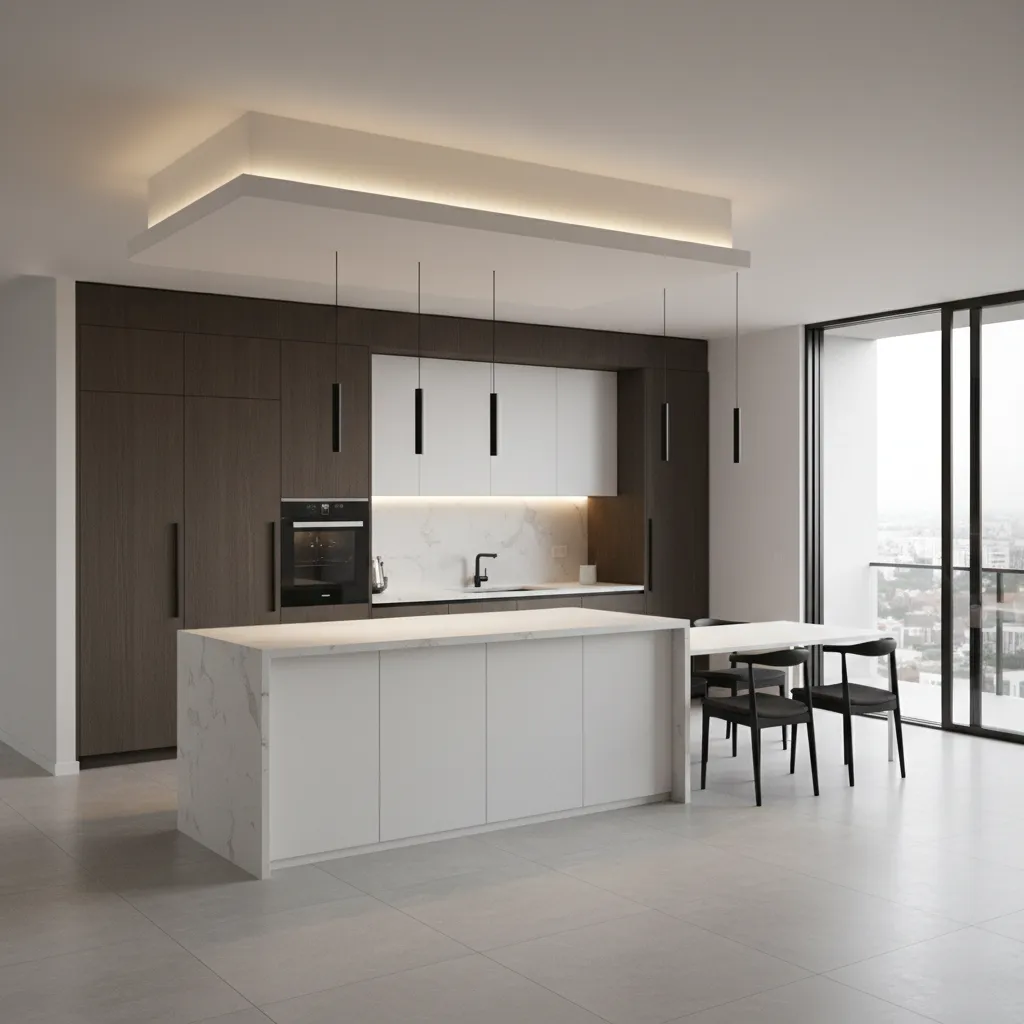 Modern kitchen island with ceiling bulkhead frame and recessed lighting