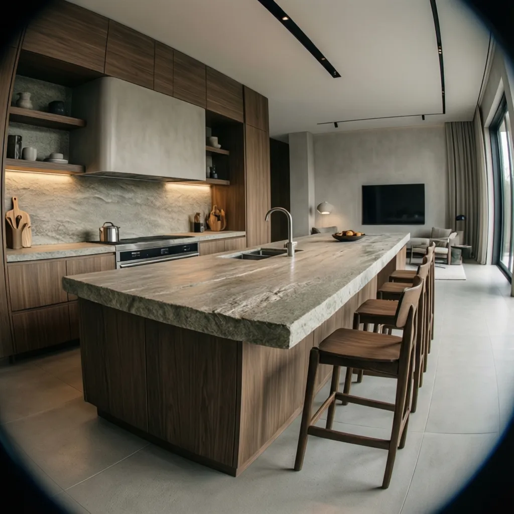 Cocina moderna con isla central y diseño minimalista