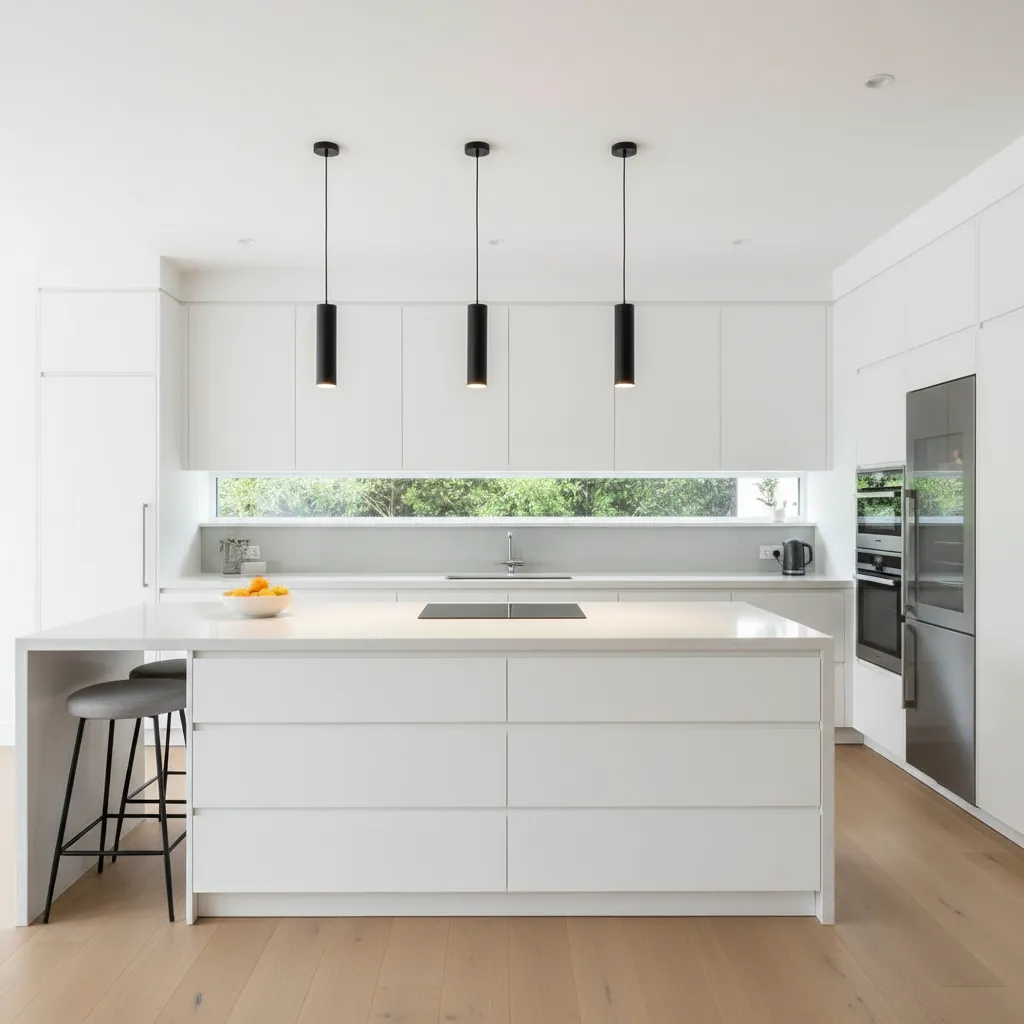 modern kitchen with large island and pendant lighting