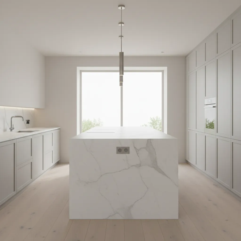 modern minimalist kitchen island with discreetly hidden electrical outlets