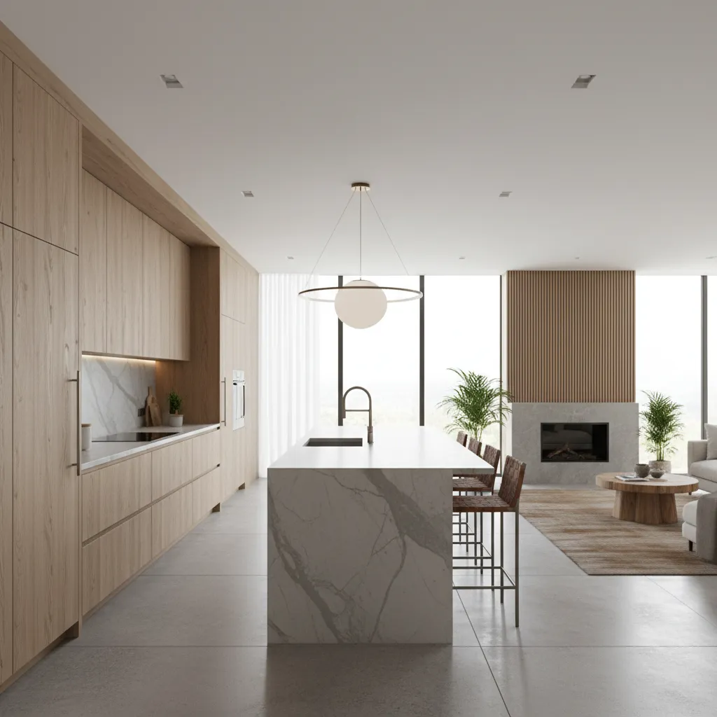 Cocina moderna con isla central y distribución funcional