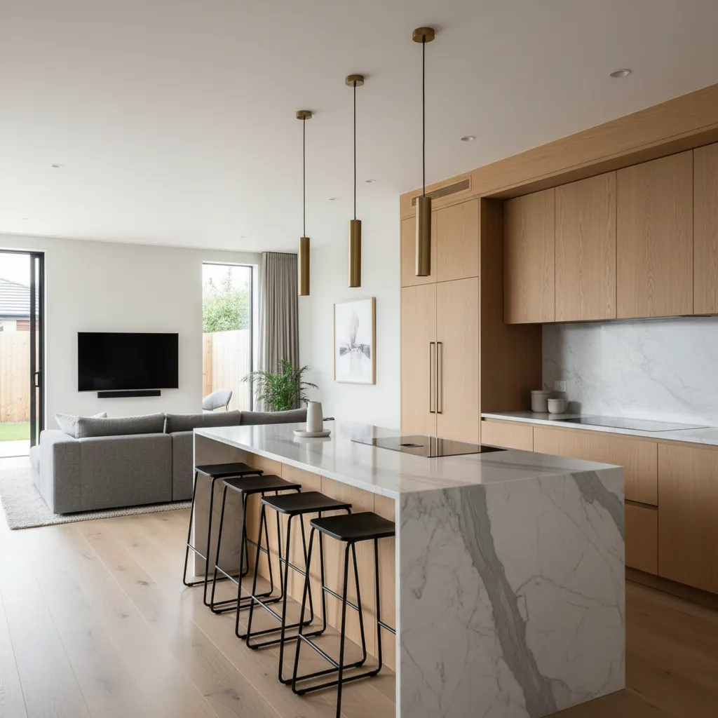 Cocina moderna con isla grande integrada al salón