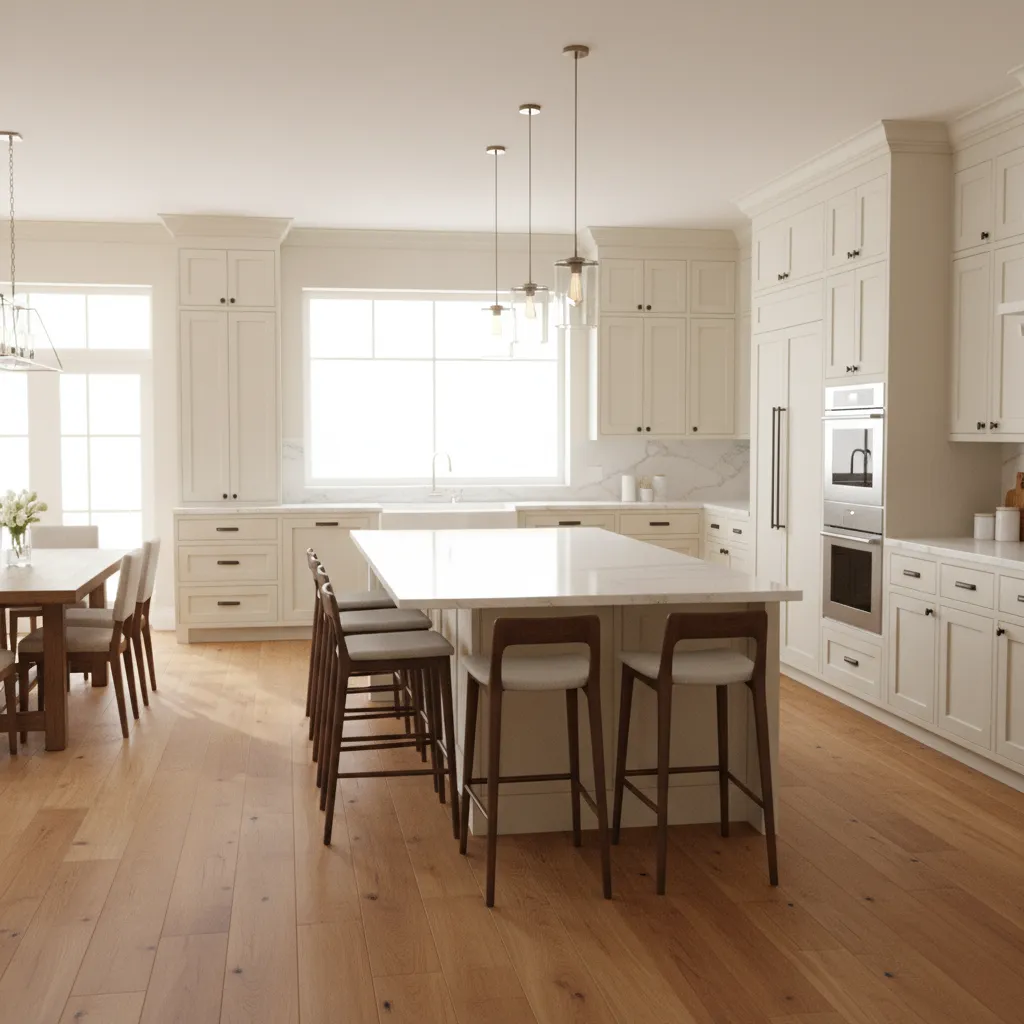 Open concept kitchen with central island and seating area