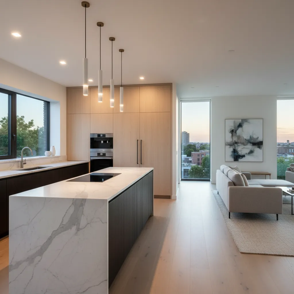 Cocina moderna con isla integrada en salón