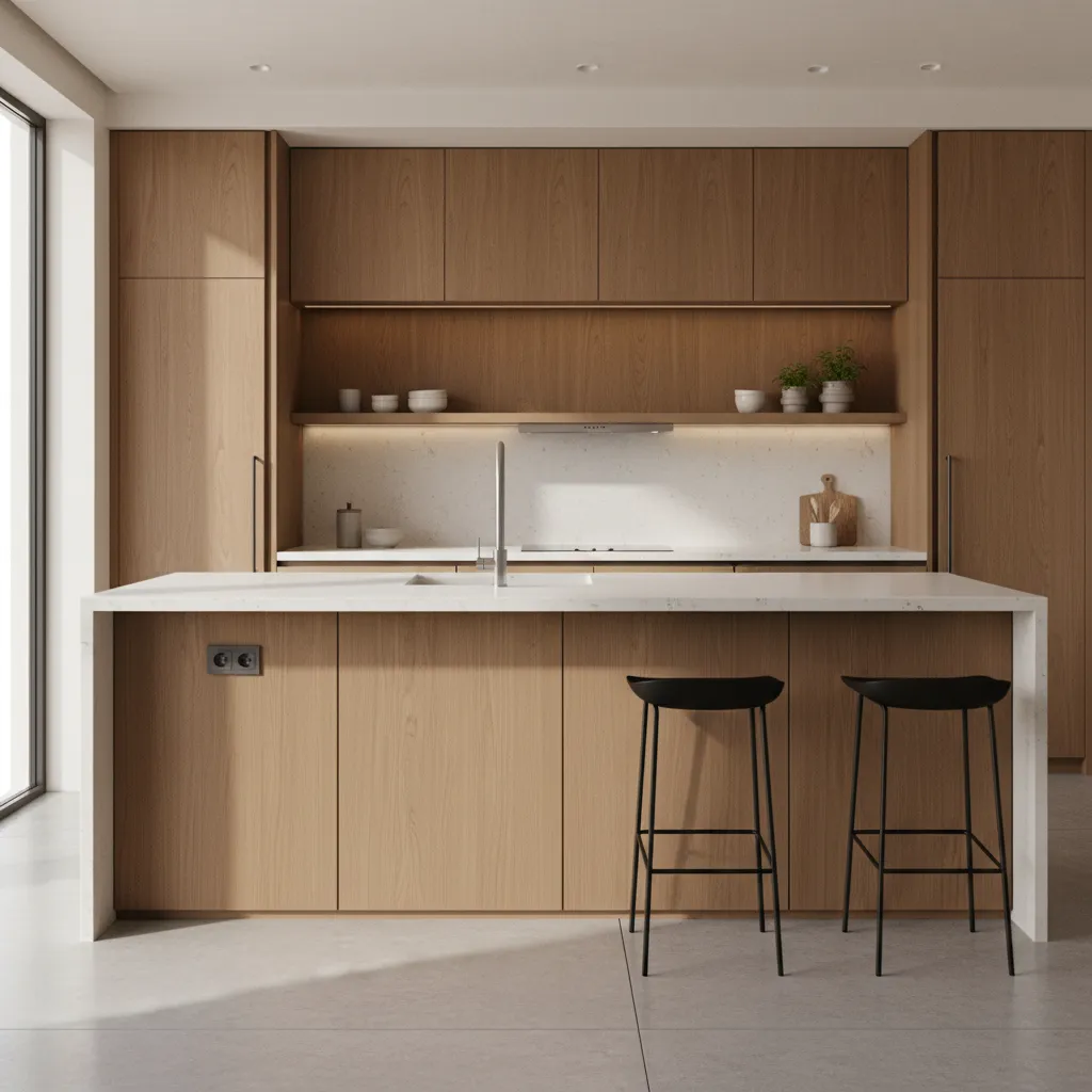 Modern kitchen island showing electrical outlet placement on cabinet panel