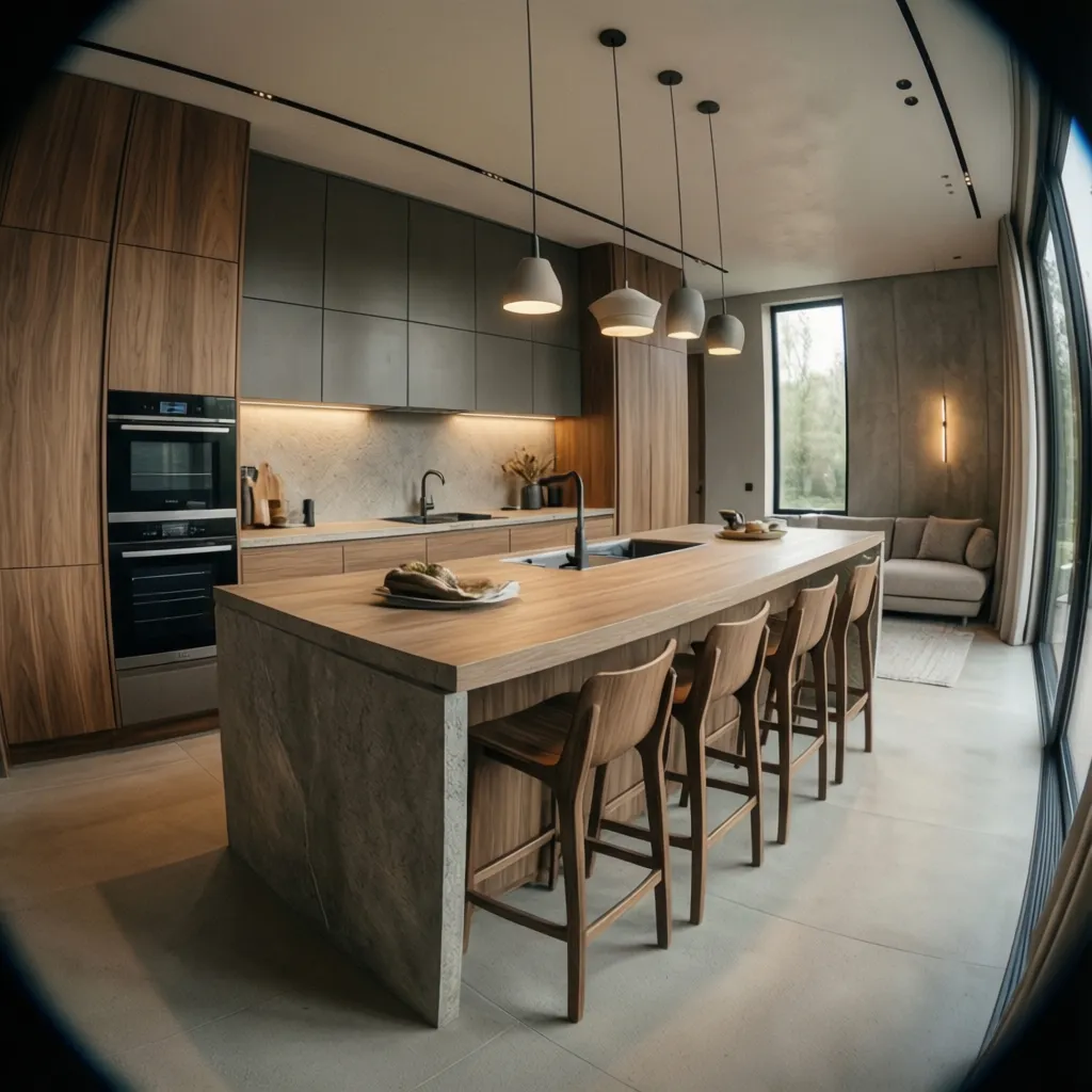 Cocina moderna con isla grande diseñada como espacio social