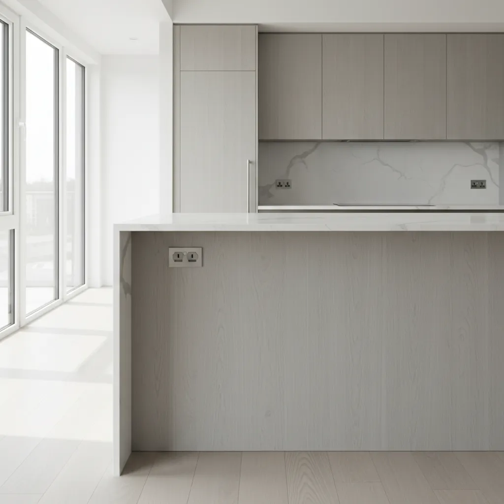 Kitchen island showing discreet outlet placement on the side panel