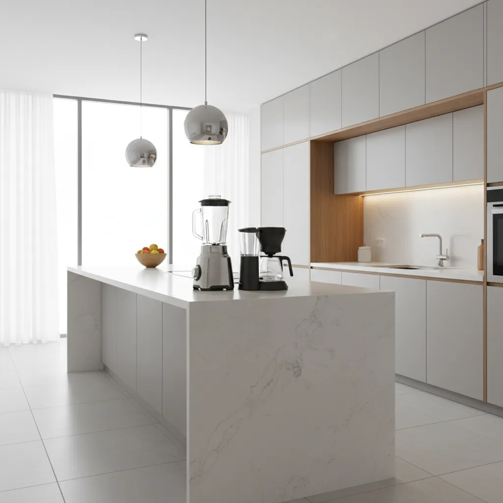 Contemporary kitchen island used as main preparation area with appliances