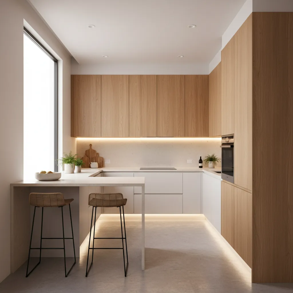 Modern kitchen design with light wood cabinets white countertops breakfast bar two stools and lighting
