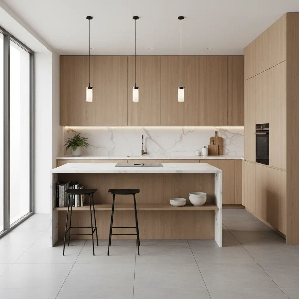 Cocina moderna con distribución funcional y diseño contemporáneo