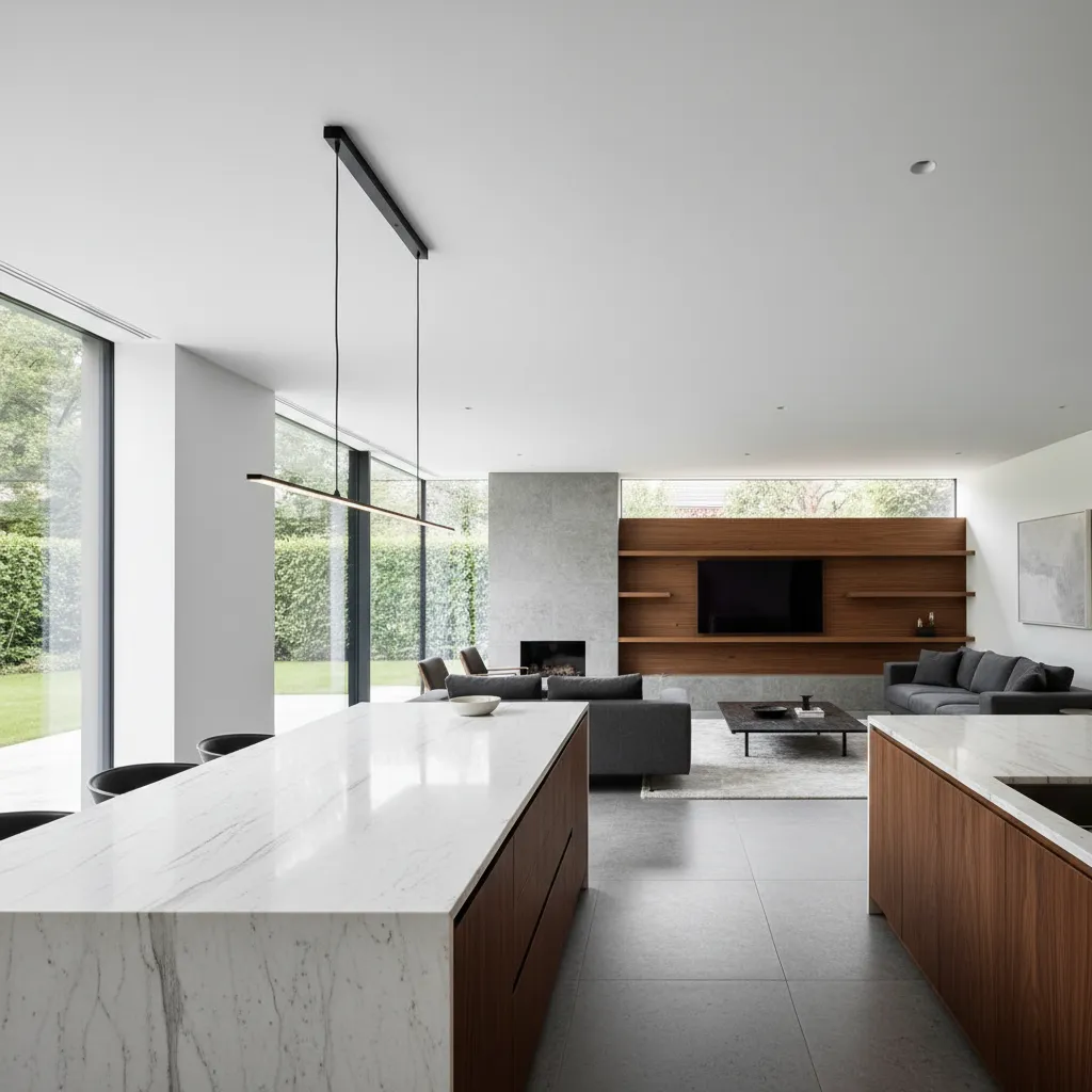 Diseño de cocina moderna integrada con salón en una casa contemporánea