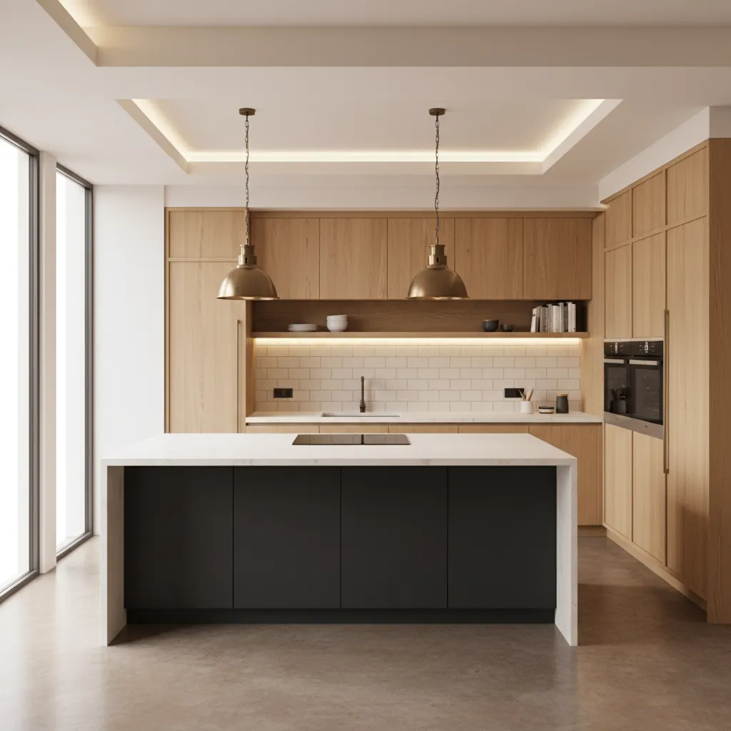 3D render of a modern functional kitchen layout design