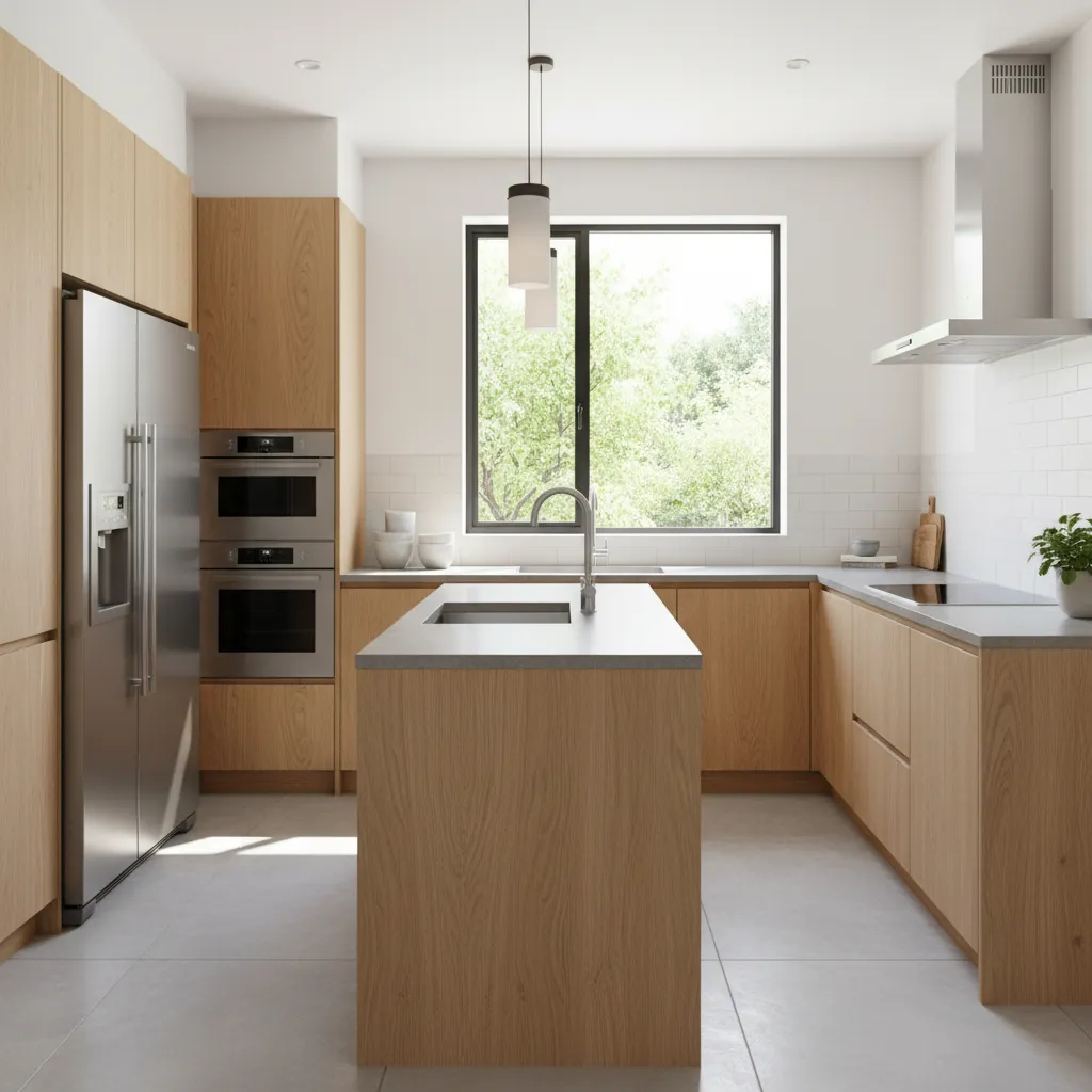 Cocina moderna con distribución funcional y materiales naturales