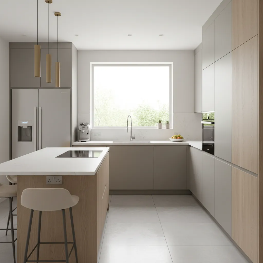 Modern kitchen layout showing clear workflow between sink stove and refrigerator