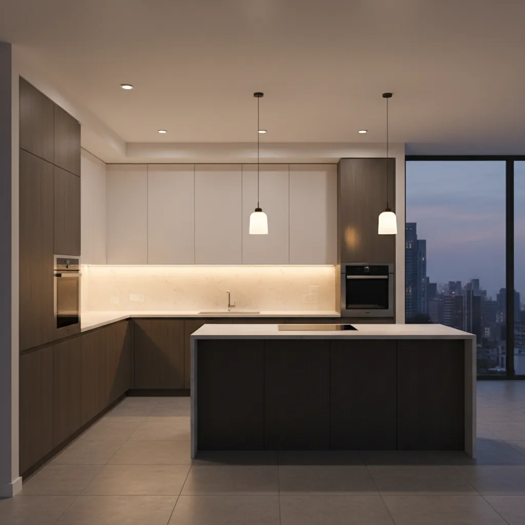 Kitchen with under cabinet lighting and layered illumination