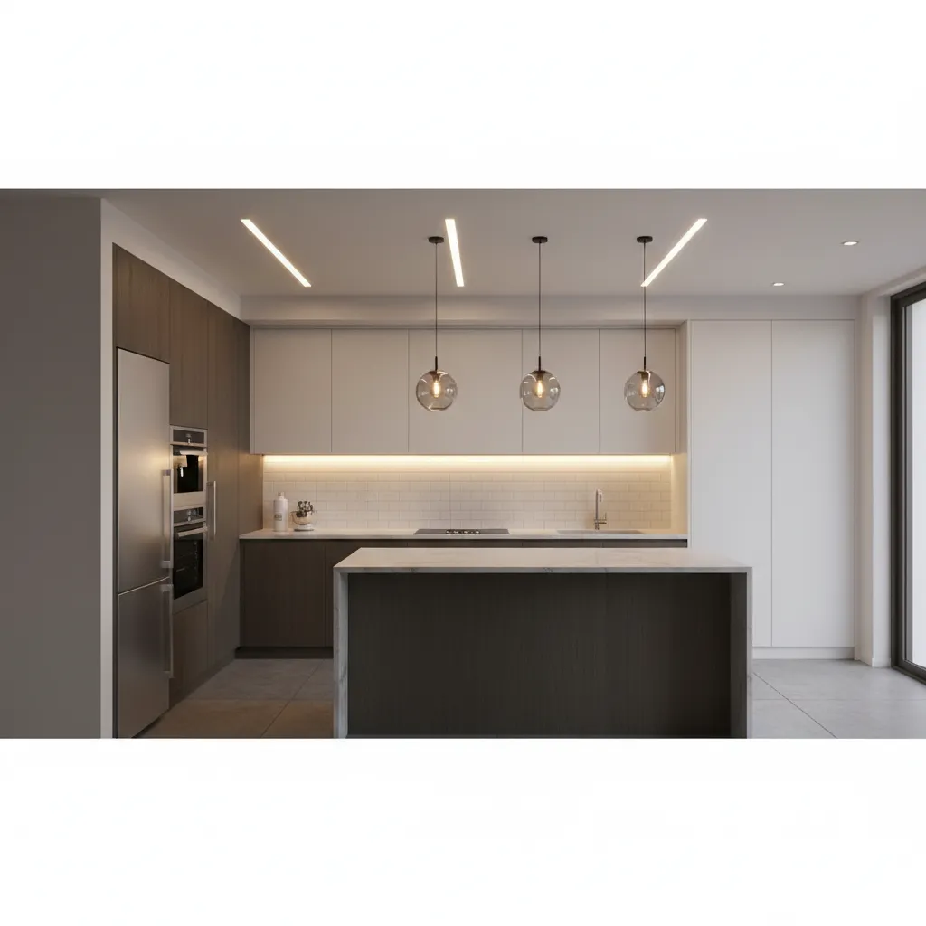 Layered lighting in modern apartment kitchen with under cabinet LEDs