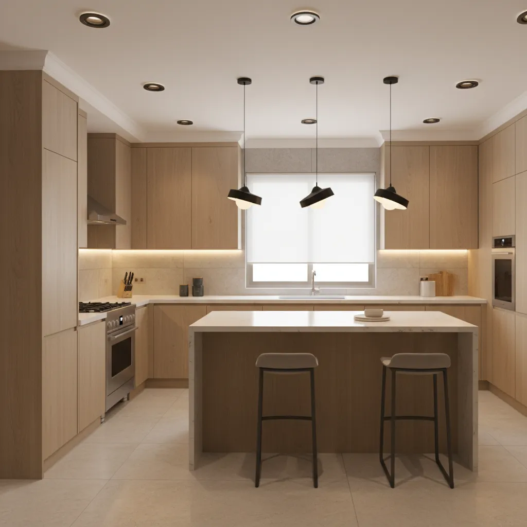 Modern kitchen lighting with under cabinet LED strips and pendant lights