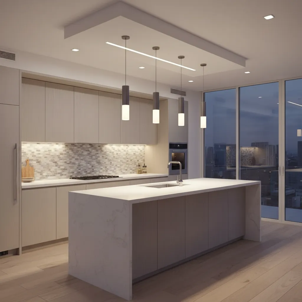 Kitchen with pendant lights and under cabinet lighting upgrade