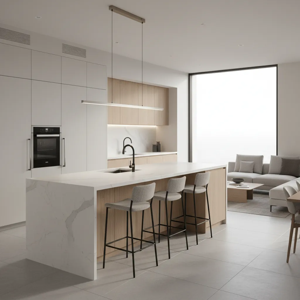 Modern kitchen island with centered linear pendant light