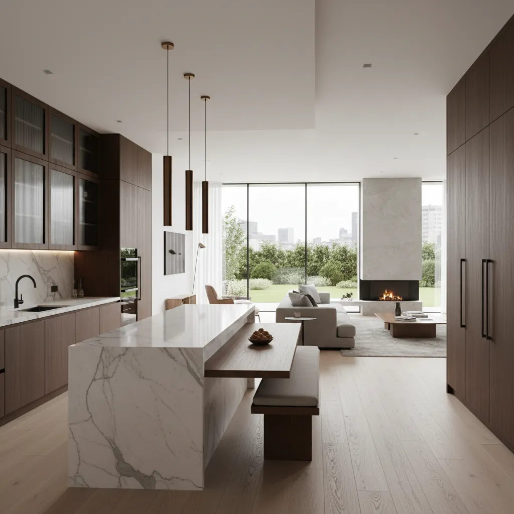 Cocina moderna con isla integrada en salón amplio