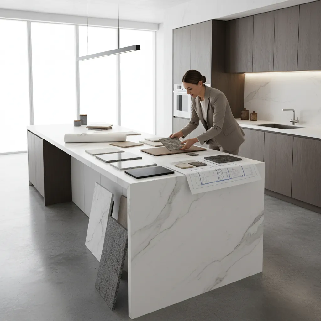 designer reviewing modern kitchen materials and layout samples