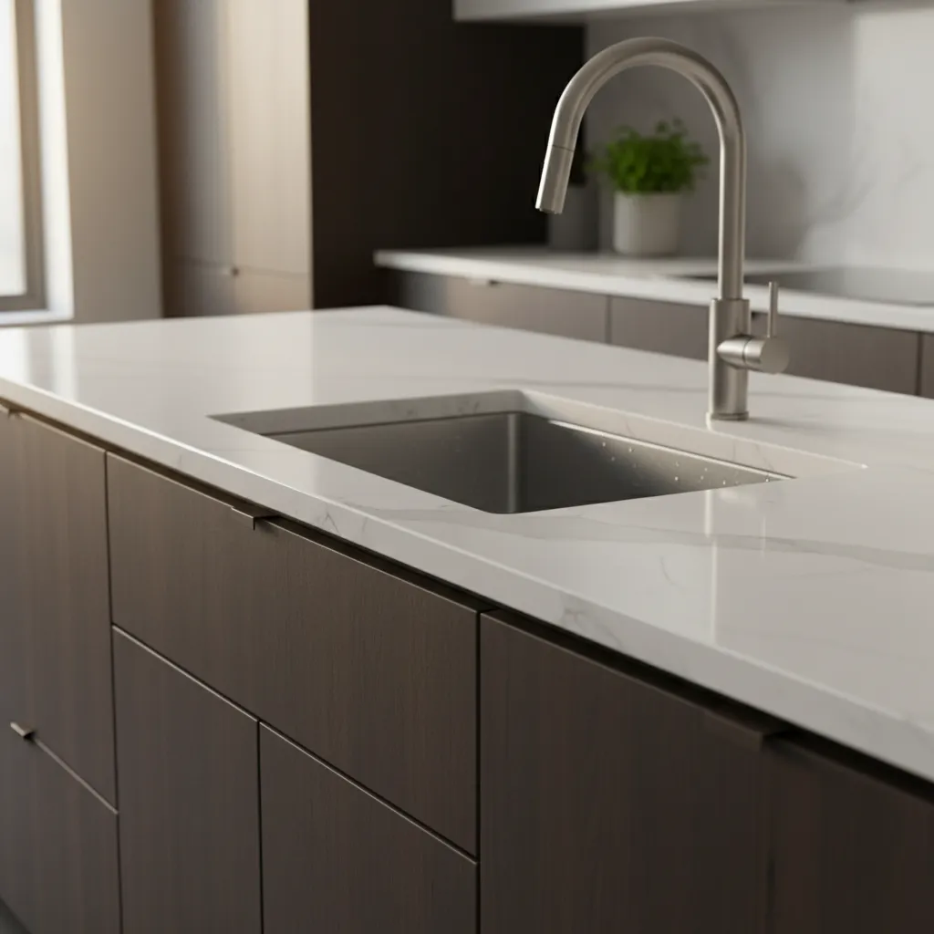 Detalle de materiales en una cocina moderna con madera y cuarzo