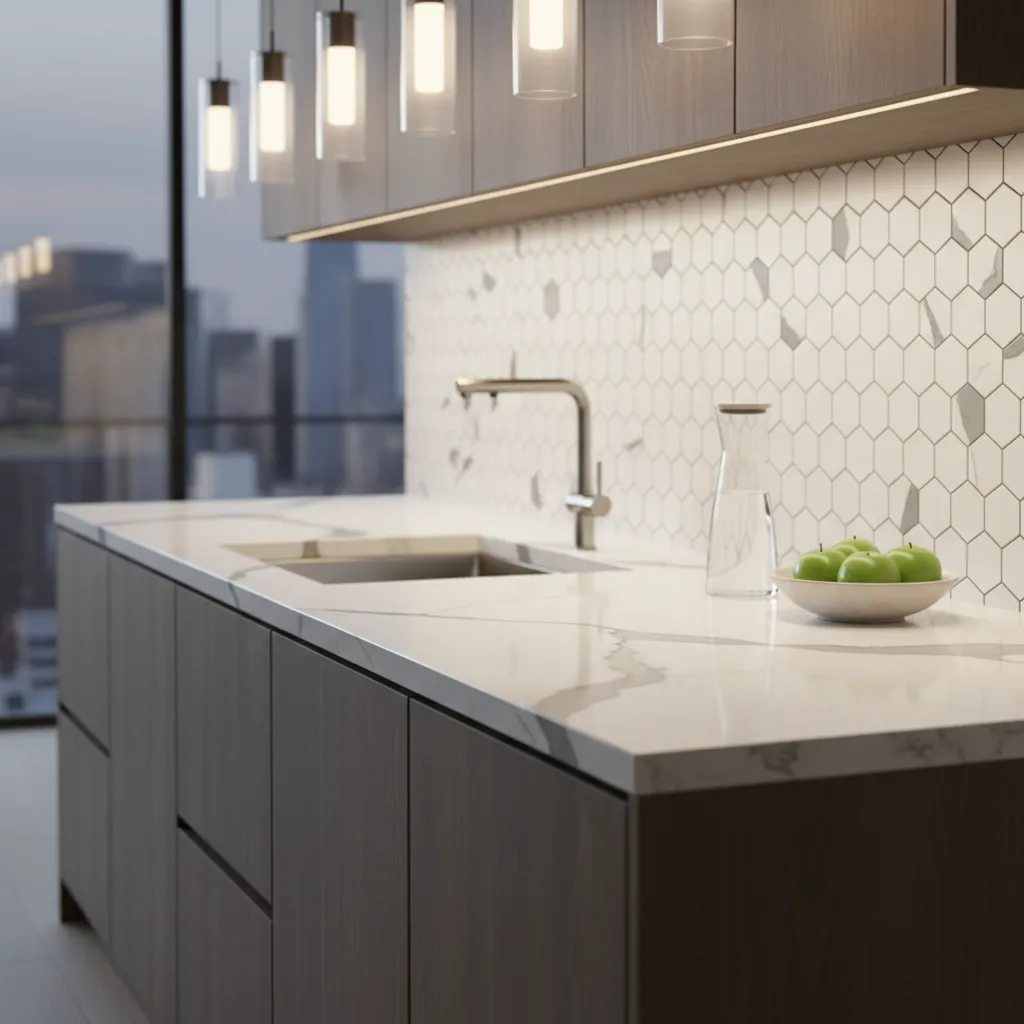 modern kitchen materials quartz countertop wood cabinets