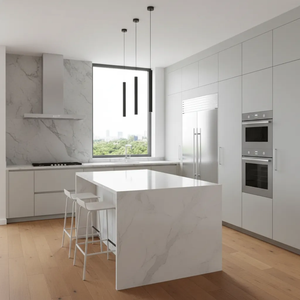 Modern kitchen with different countertop materials and organized layout